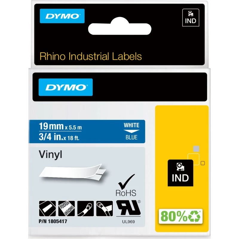 DYMO Rhino Industri Vinyl Tape 19mm x 5,5m - Hvid på blå