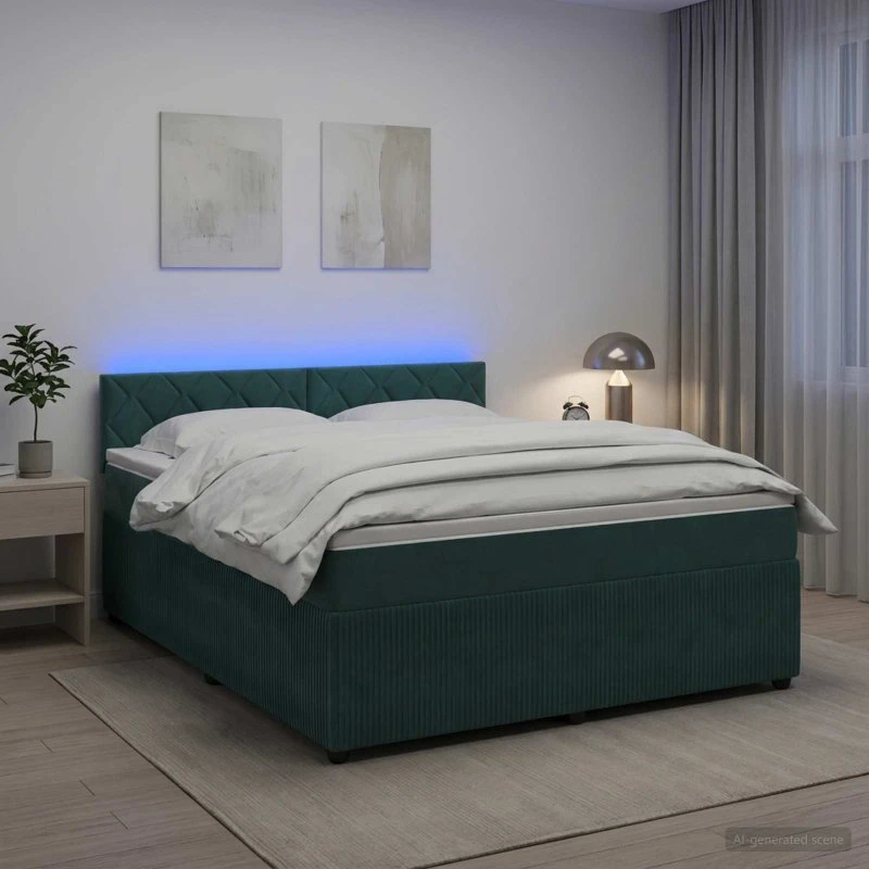 vidaXL Boxmadras med topmadras og LED, Mørkegrøn Fløjl, 140x190 cm