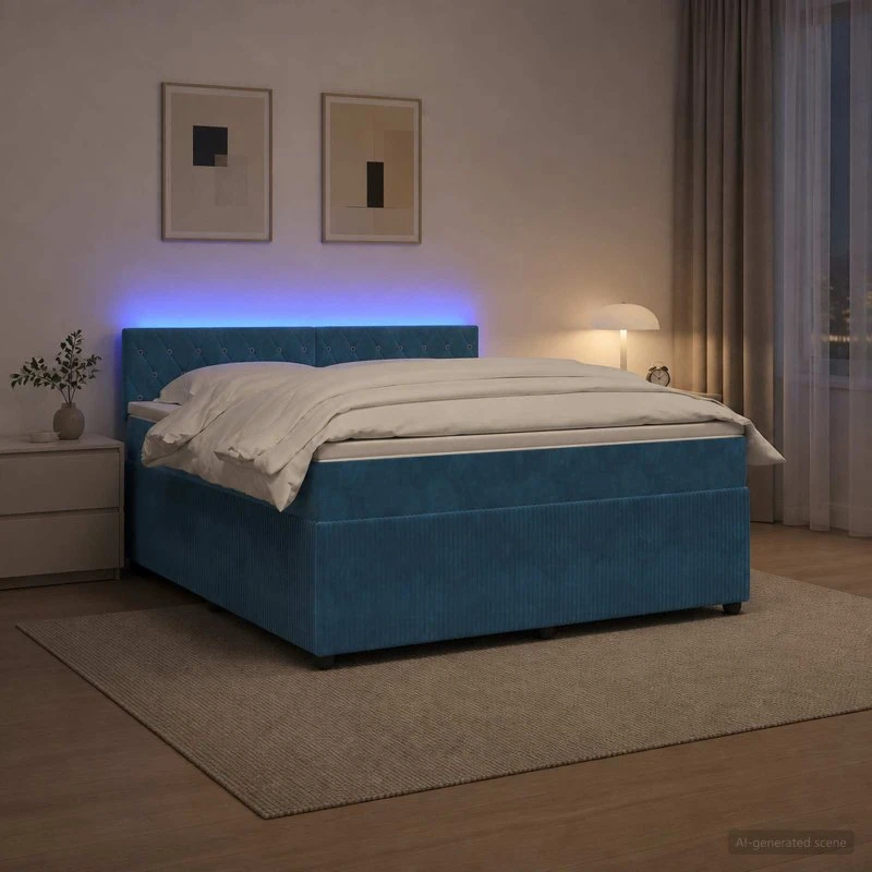 vidaXL Boxmadras med topmadras og hovedgærde, Blå Fløjl, 140x190 cm