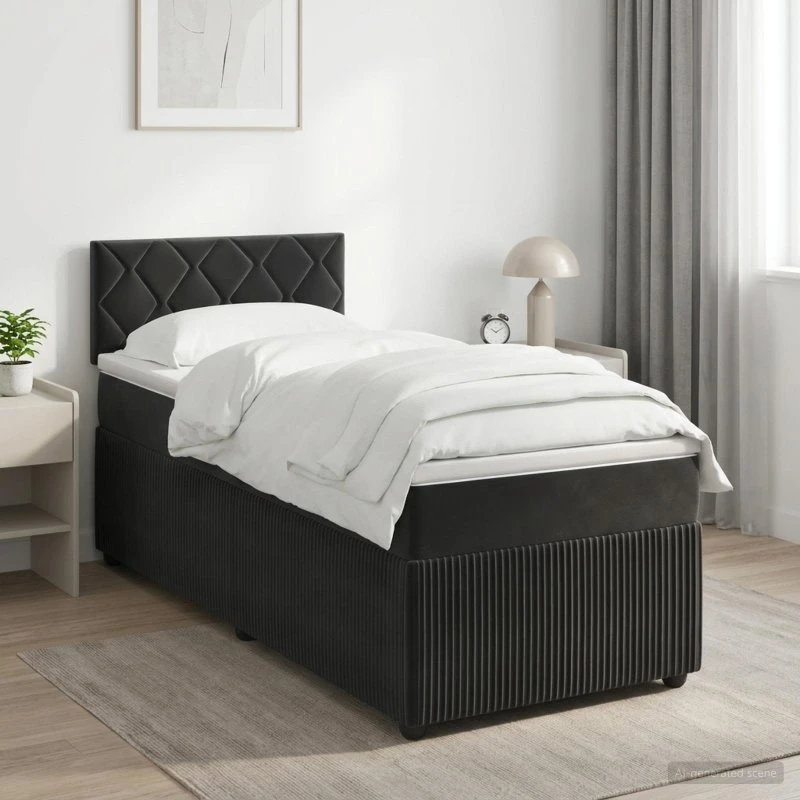 vidaXL Boxmadras med topmadras og hovedgærde, Sort Fløjl, 100x200 cm