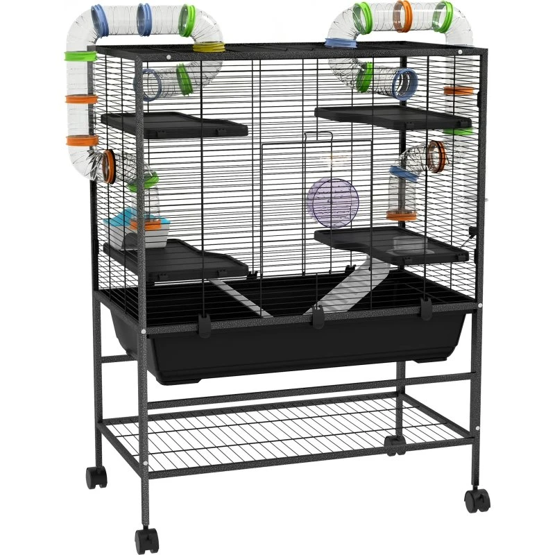 Hamsterbur med hjul, rør og hylder - Sort Stål