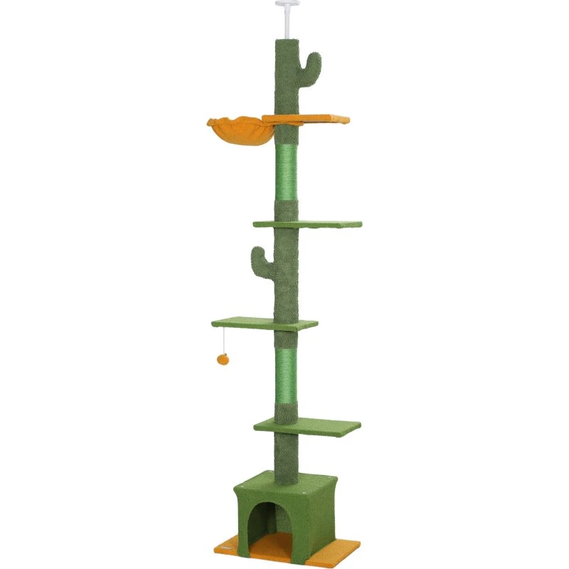Kattetræ med kattehus og hængekøje, Grøn, 230-275 cm