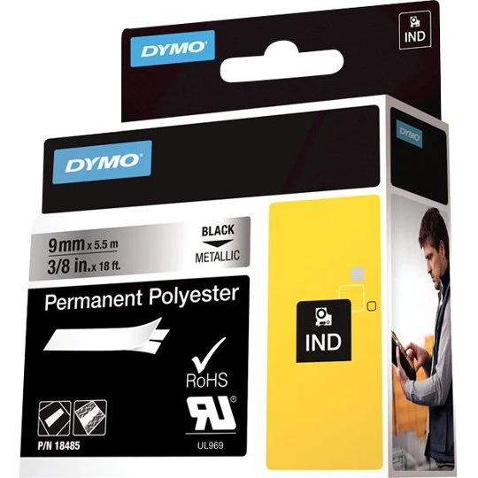 DYMO Rhino Industri Tape Sort på Metallic 9mm x 5,5m