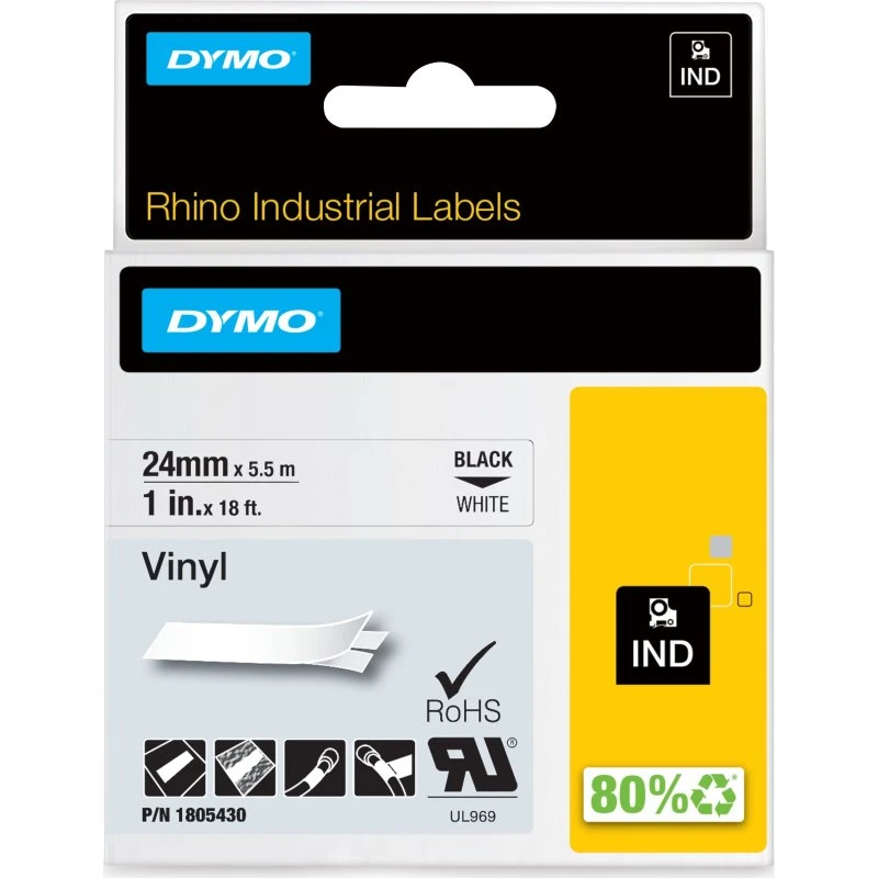 DYMO Rhino Industri Vinyl Tape 24mm x 5,5m - Sort på hvid