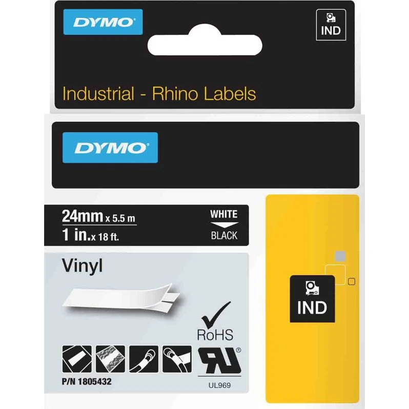 DYMO Rhino Industri Vinyl Tape 24mm x 5,5m - Hvid på sort
