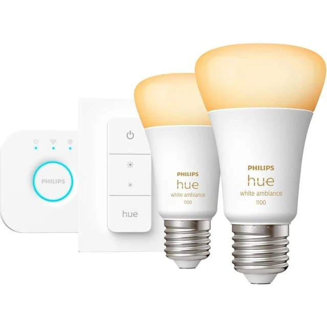 Philips Hue White Ambiance startkit – 2x E27 pærer + dimmer