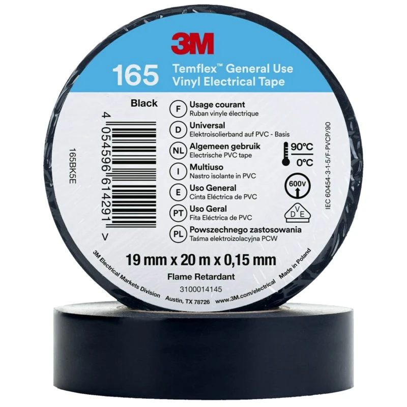 3M Temflex 165 El-vinyltape 19mm x 20m Sort