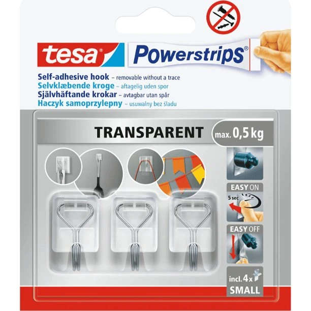 TESA Powerstrips Selvklæbende Kroge, Metal, Transparent, 3 stk.