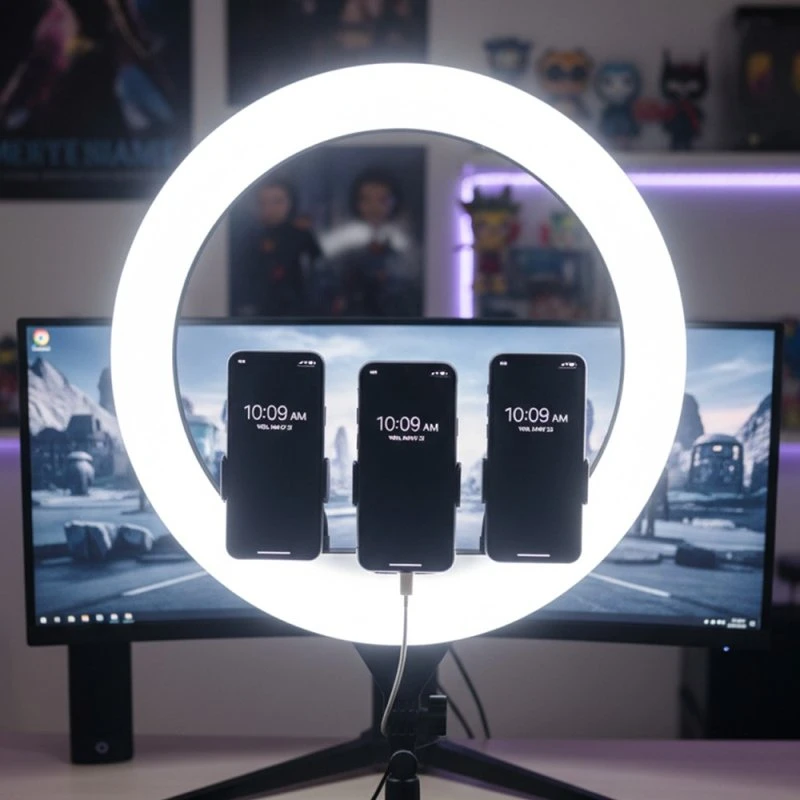 LED Ring Light 55W Ø44cm med stativ og 3 telefonholdere
