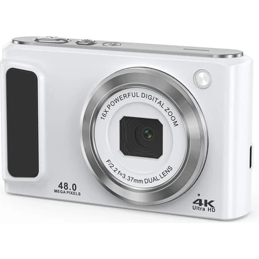 INF 4K HD digitalkamera med front- og bagkamera, stabilisering, hvid