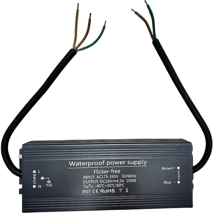 100W 24V DC Strømforsyning - 4.1A, IP67, Flicker Free