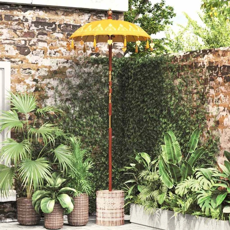 vidaXL Balinesisk parasol med base, Gul, 95 x 95 x 260 cm