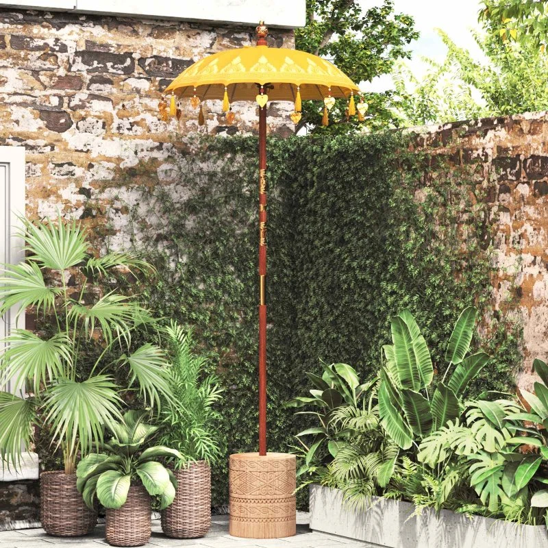 vidaXL Balinesisk parasol med base, Gul, 95 x 95 x 260 cm