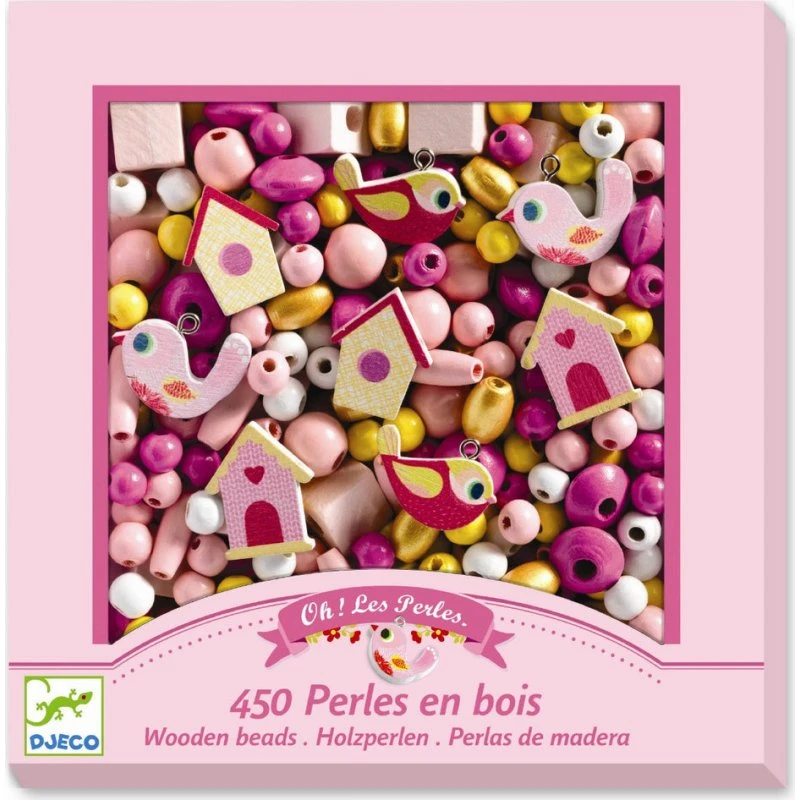 Djeco Træperler Fugle – 450 rosa/gule træperler