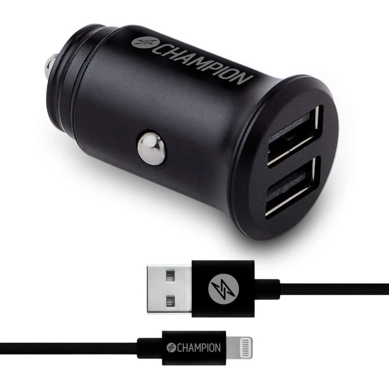 Biloplader 24W med USB-A til Lightning kabel, Sort