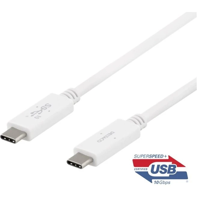 DELTACO USB-C til USB-C kabel, 1m, 100W, 10Gbps, Hvid