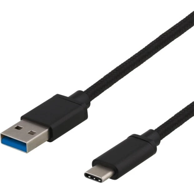 DELTACO USB 3.1 Gen1 Braided USB-A til USB-C kabel, 0.25m, 60W, Sort