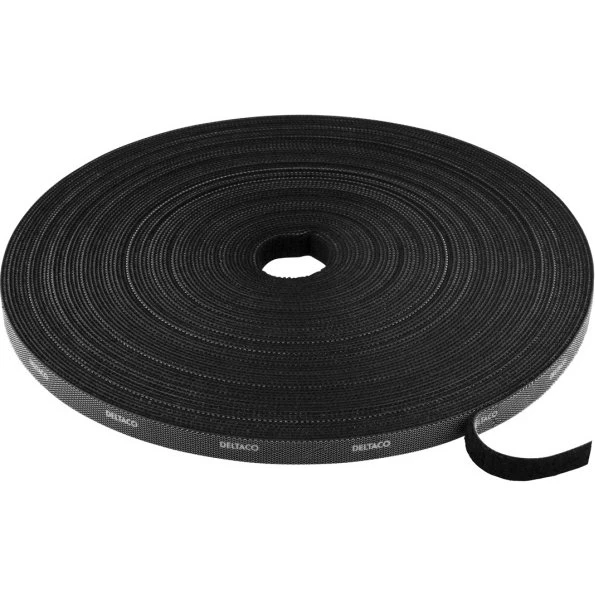DELTACO Hook and loop kabelstrips, 10mm, 25m, sort