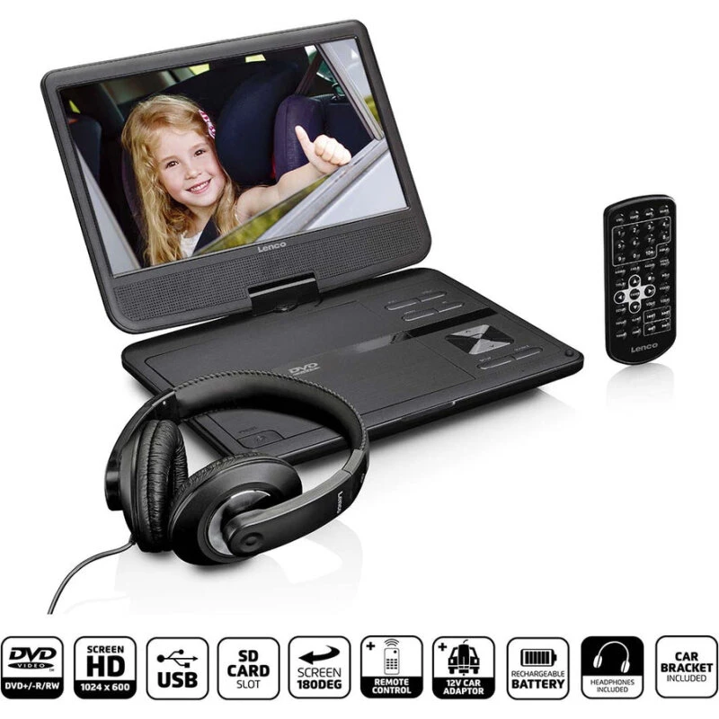 Lenco DVP-1010BK 10" bærbar DVD-afspiller, sort