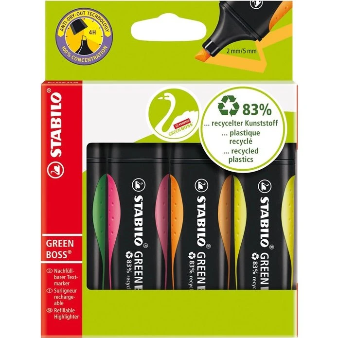 STABILO Green BOSS 4-farve sæt – Genanvendelig highlighter