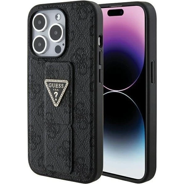 GUESS Grip Stand 4G Triangle Strass etui til iPhone 15 Pro Max - Black