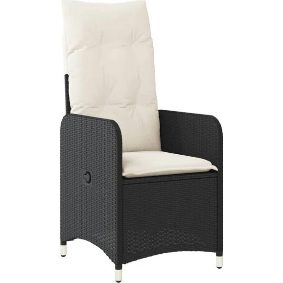 vidaXL Havestol i polyrattan med hynder og justerbart ryglæn, sort