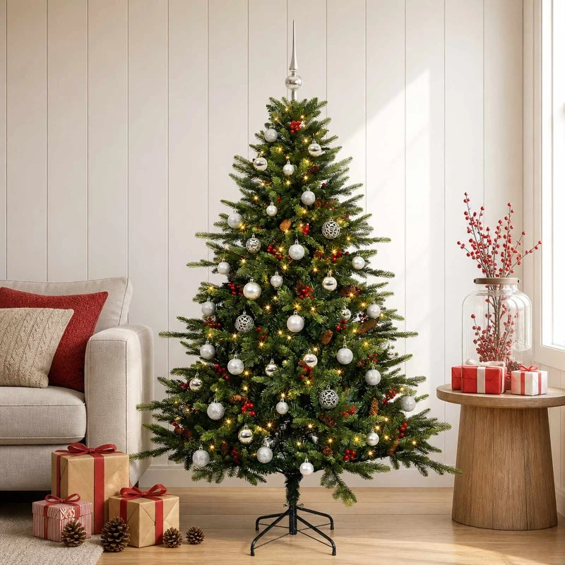 vidaXL Kunstigt juletræ 150 cm med 150 LED-lys og julekugler