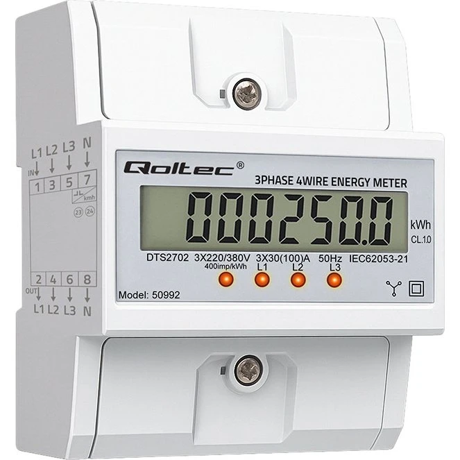 Qoltec Trefaset Elektronisk Måleur 400V 100A LCD DIN-skinne
